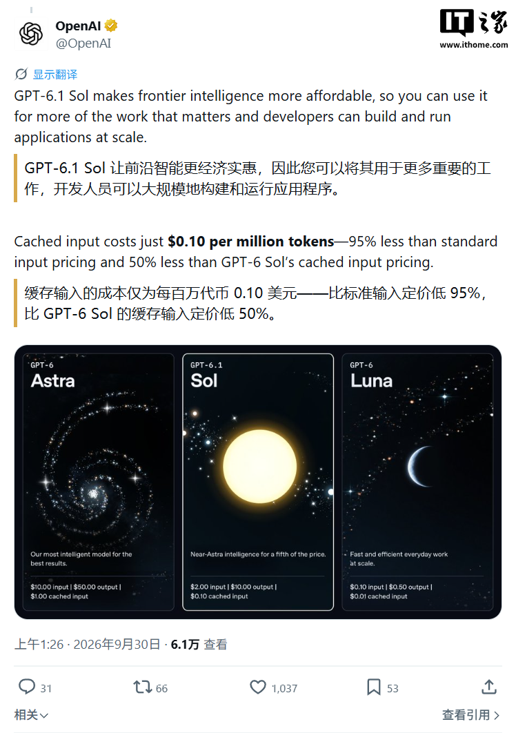 GPT-6.1 Sol 发布与定价